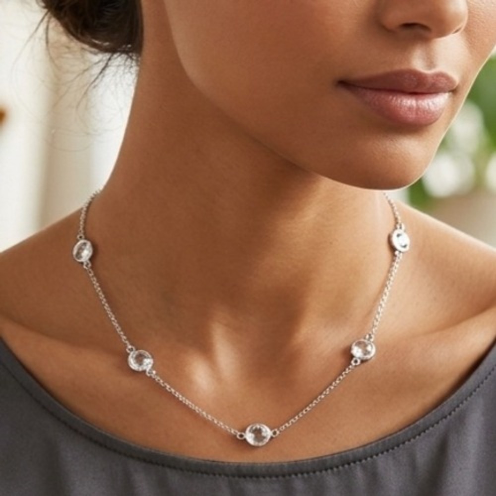 New York & Co‎ Clear Faux Crystal Station Necklace Silver Tone Minimalist NY&CO